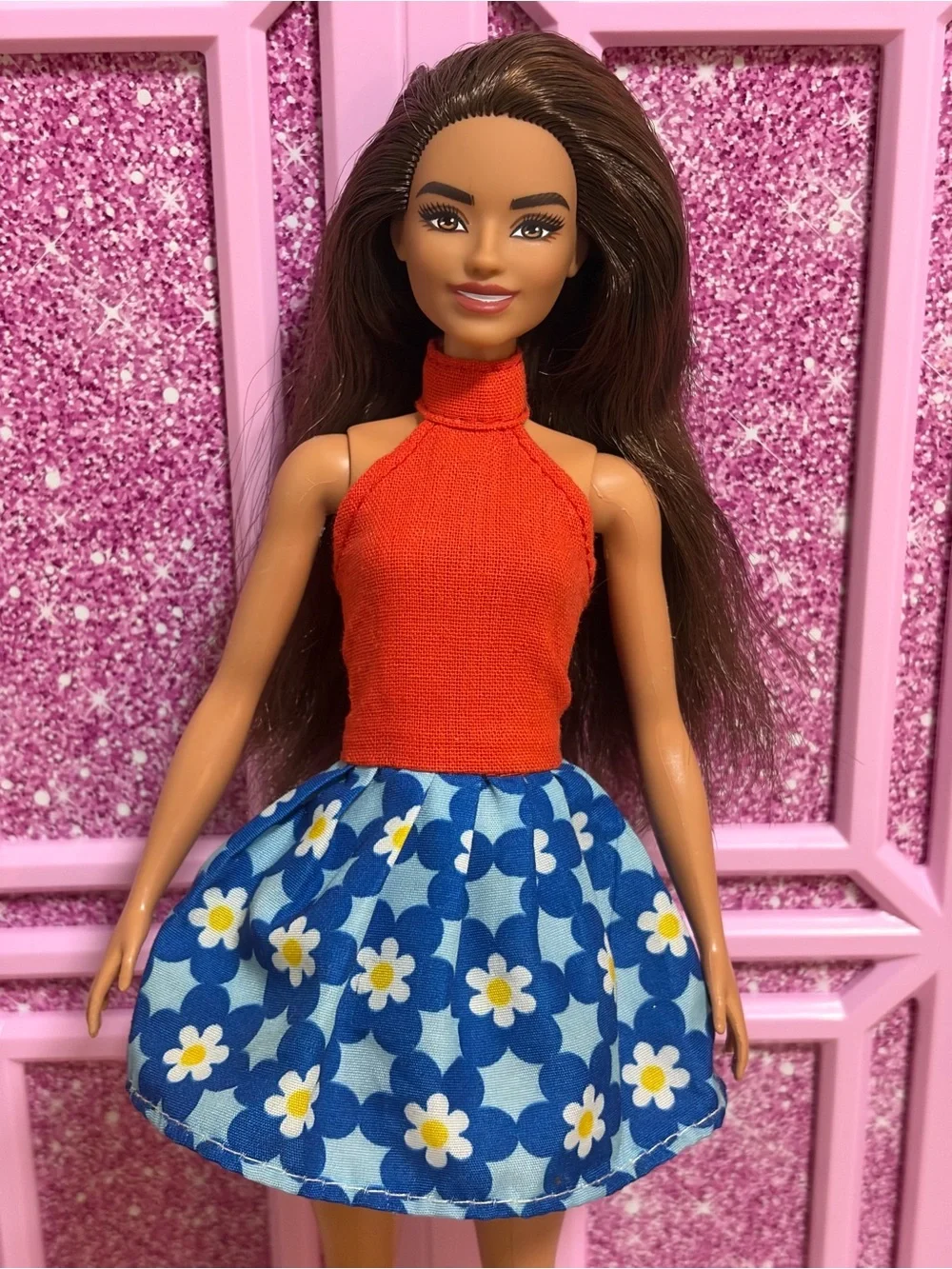 Barbie Blue Floral Skirt with Orange Halter Top